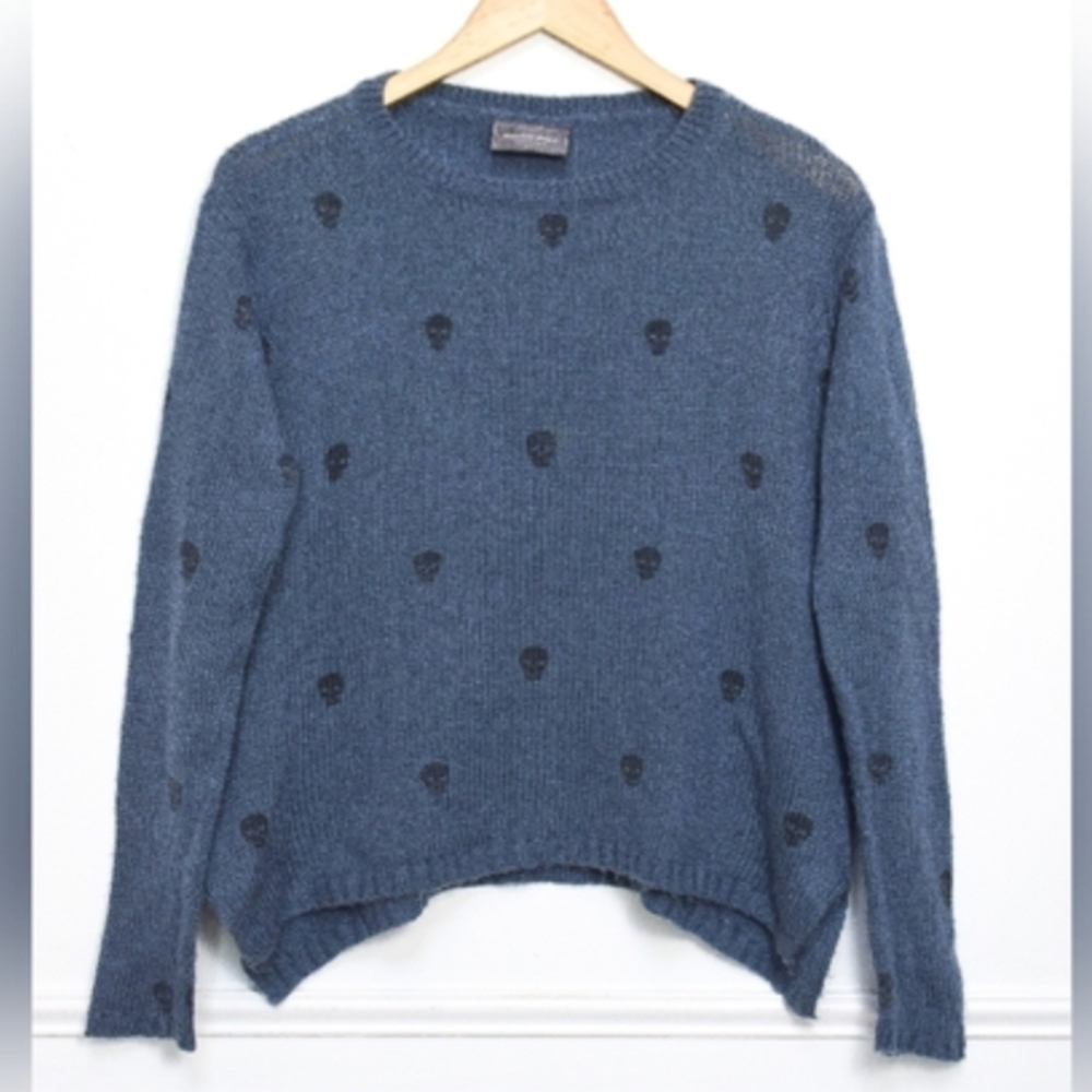 WOODEN SHIPS Mohair Wool Skull Print Sweater Size S/M Blue Novelty Pirate